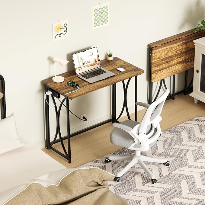 Small Desk, 31.5" Folding Table for Bedroom with Power Outlet, Space Saving Folding Computer Desk for Home Office, Easy Assembly, Brown