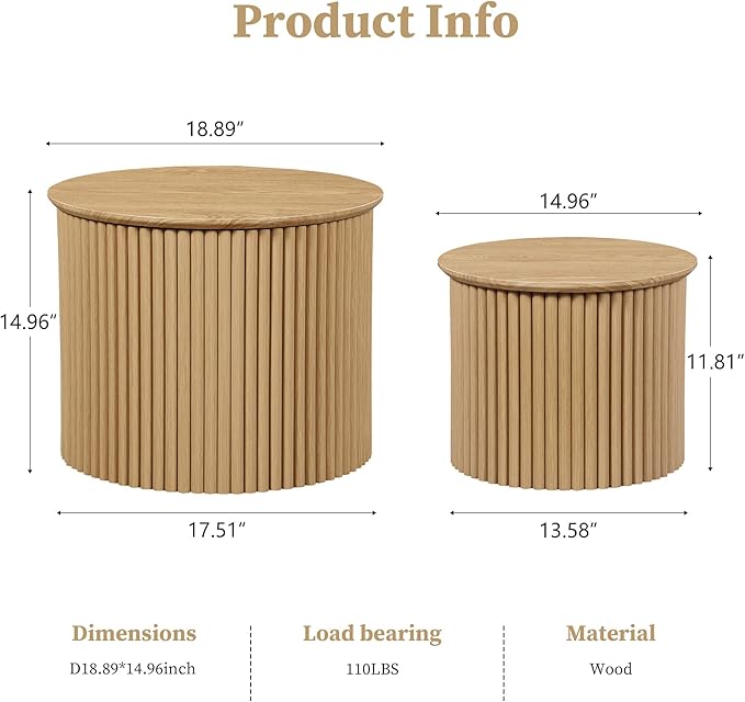 Fluted Round Nesting Coffee Table Set of 2, Small Coffee Table Circle Side Table, Boho Modern Wood Nesting Table Farmhouse End Tables Set for Living Room, Bedroom, Small Spaces(Natural)