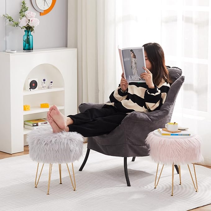 Mxfurhawa Faux Fur Storage Ottoman Round Furry Vanity Stool Marble Grain Tray Coffee Table Compact Footrest Stool with 4 Metal Legs Soft Makeup Seat Foot Stools for Living Room Bedroom Entryway Grey