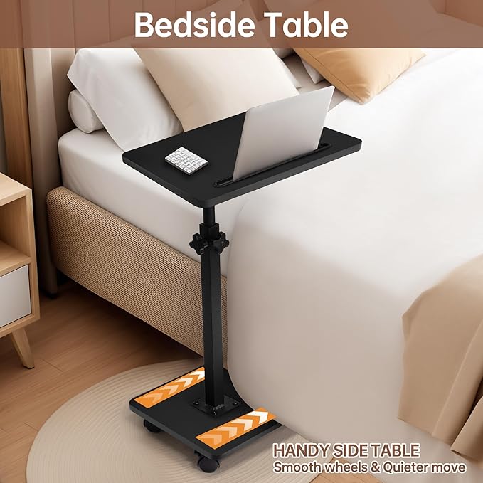 Aoligrace C Table End Table Adjustable Height, 360°Swivel TV Tray Table with Wheels, Small Side Table for Couch C Shaped End Table for Living Room Bedroom Small Spaces(Black 2)