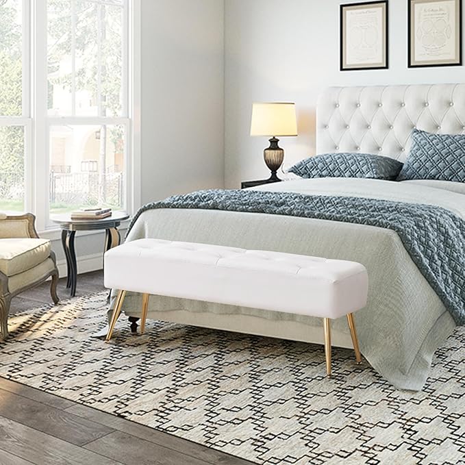 Furnimart Upholstered Tufted White Bench Ottoman with Padded Seat, Footrest Foot Stool with Sturdy Metal Leg, White Leather Bench for Bedroom Living Room Entryway