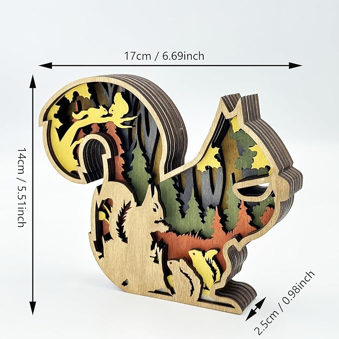 3D Wooden Carving Animals Lamp - Creative Fox Squirrel Wood Carved LED Night Light Garden Yard Wooden Animals Sculpture Ornaments Desktop Home Decor Birthday Gifts for Family Friend (Squirrel)