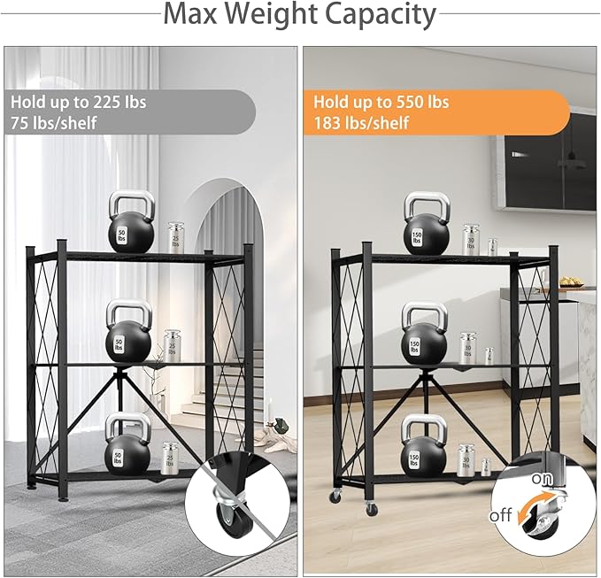 3 Tier Foldable Storage Shelf with Wheels, Heavy Duty Garage Shelving Unit Loads 550 LBS, Metal Steel Collapsible Shelves, Rolling Standing Utility Rack for Kitchen, Pantry, Office, Black