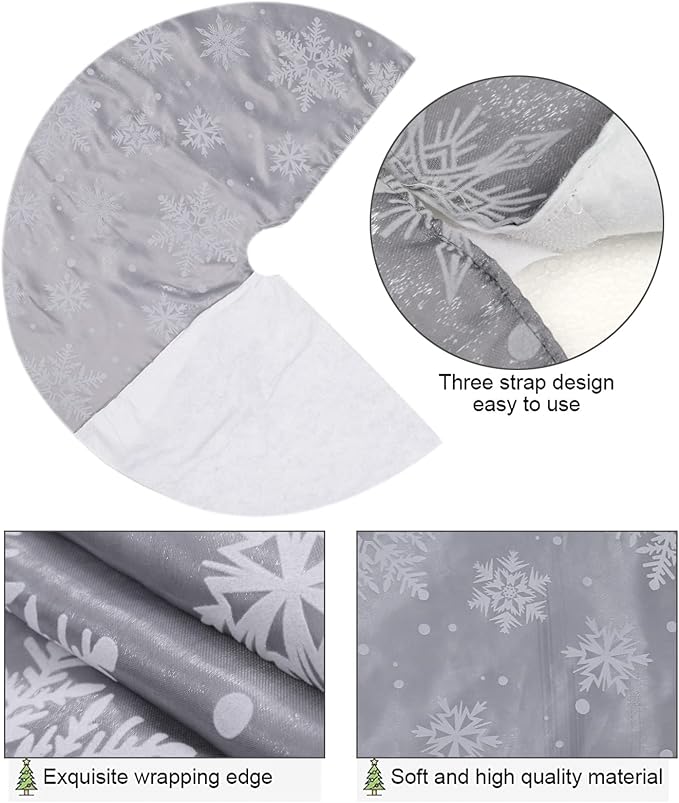 Flash World 36 Inch Large Christmas Tree Skirt Xmas Soft Cover Mat Decor Snowflake Collar Farmhouse Tree Skirt for Holiday Ornaments Party Home Indoor Decorations (Flocking Grey, 48INCH)