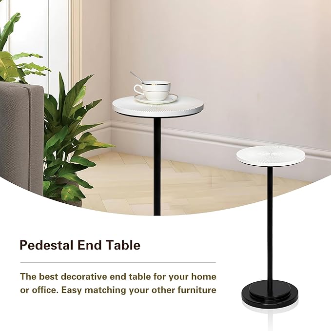 Drink Table, Carved Table Top Martini Table, Small Side Table, Weighted Base Pedestal Table for Living Room, Bedroom, Modern, White and Black