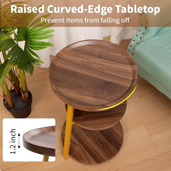 Small Round Side Table, 3-Tier End Table for Living Room, Wooden Nightstand Bedside Tables with Storage Shelf, Circle Accent Table for Bedroom, Office, Apartment (Walnut, Golden Frame)