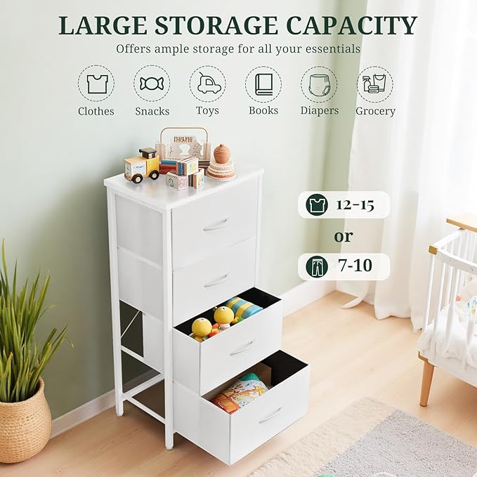 Nightstand, 4 Drawer Dresser End Table Bedside Furniture with Wooden Top Steel Frame Fabric Bins for Bedroom, Closet, Entryway, Dorm, Living Room, White