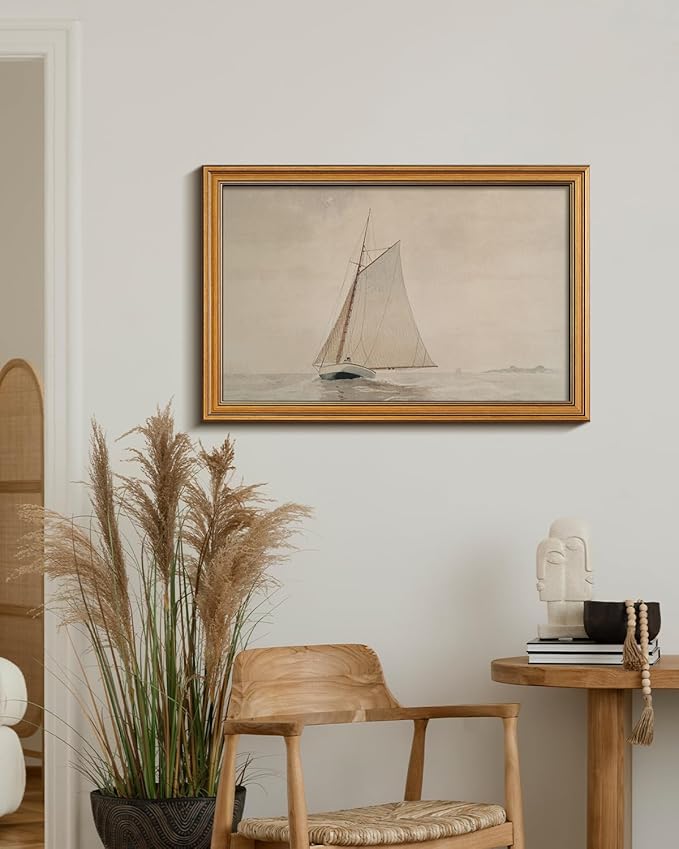 HUARCEY Gold Framed Vintage Wall Art for Living Room, Seaview Painting Prints Shelf Decor for Kitchen, Aesthetic Bedroom Large Wall Art, Gifts for Friends or Family (White Sailboat - 16"x24")