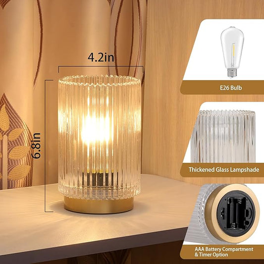 Battery Operated Lamp, Cordless Table Lamp with Timer, Desk Bedside Lamps with LED Warm Light, Glass Small Table Lamp for Bedroom, Bathroom, Living Room, Home Decor - Transparent