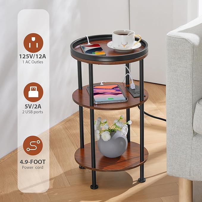 Small Round Side Table with Charging Station for Small Spaces, 3-Tier Accent Table with USB Ports & Power Outlets, Sofa Corner Tea Table for Living Room Nightstand Bedroom Apartment (USB, Cherry)