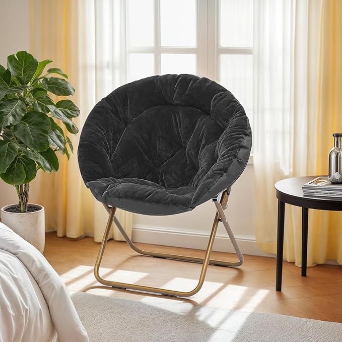 Athena Collection Comfy Saucer Chair Folding Cozy Chair for Bed Room Living Room Accent Chair Faux Fur Reading Chair Foldable Metal Frame Lazy Chair Moon Chair for Adult, Black