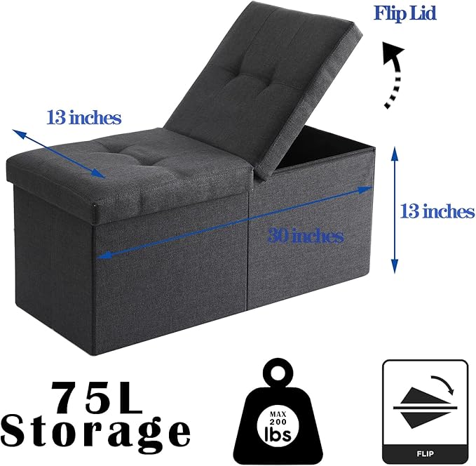 CUYOCA Storage Ottoman Bench Foldable Seat Footrest Shoe Bench End of Bed Storage with Flipping Lid, 75L Storage Space, 30 inches Linen Fabric Black