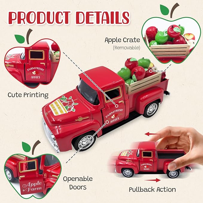 Apple Decor Farmhouse Vintage Red Truck with Fake Apples and Wooden Crate Fall Thanksgiving Table Decorations Mini Apples for Crafts Fall Tiered Tray Decor for Home Kitchen Apple Theme New Year Gifts