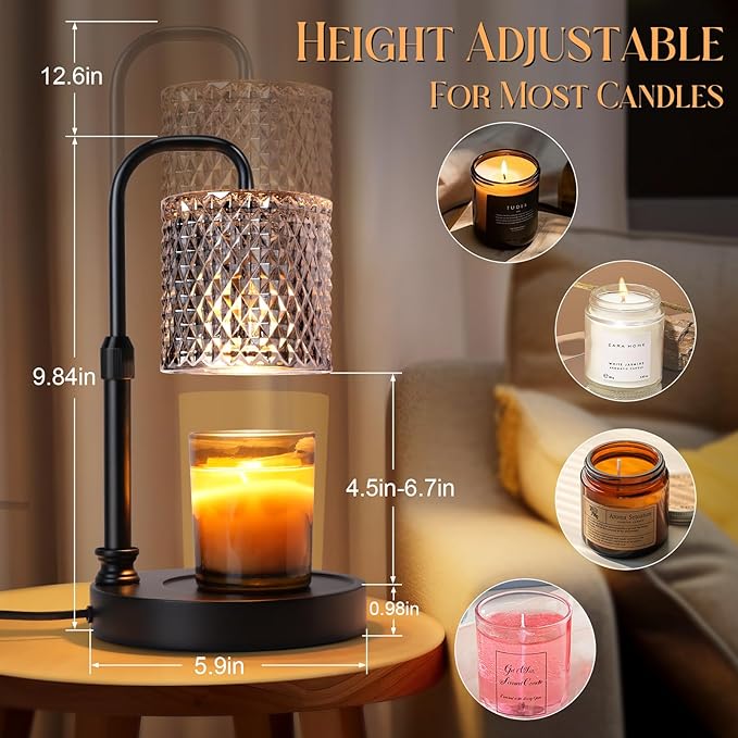 Candle Warmer Lamp with Timer &Dimmer, Adjustable Height Candle Wax Warmer Warming Lamp with 2x50W Bulbs for Scented Candles for Housewarming Bedroom Home Decor Mom Women