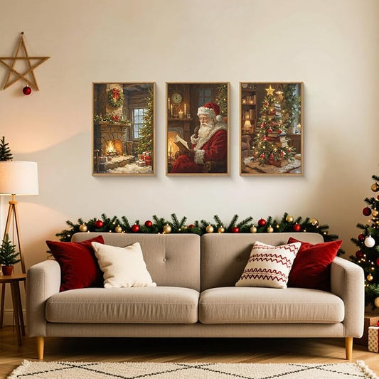 BICERE Large Vintage Christmas Framed Canvas Wall Art Set,Santa Reading Book Wall Decor,Retro Xmas Tree Art Prints,Snowy Winter Fireplace Artwork for Living Room,Bedroom,Farmhouse -24"x36"x3