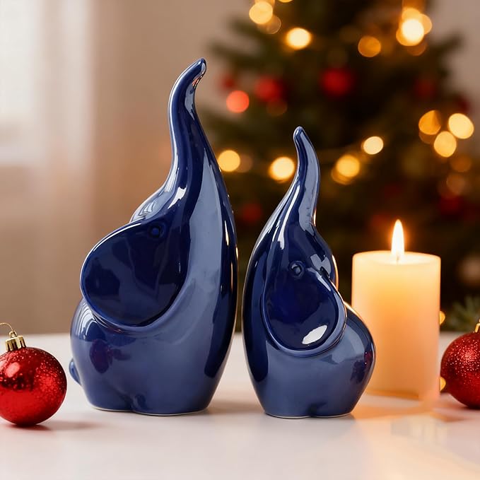 Ceramic Elephant Figurines with Trunk Up, Pair Couples Loving Elephant Statue, Small Figurines Sculpture African Home Decor, Valentine Elephants Gifts for Women, Wedding Knick Knacks（Blue）