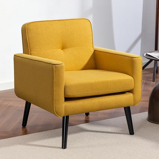 Mid Century Accent Chair, Fabric Modern Chair with Wooden Frame, Cozy Armchair Reading Chair with Comfy Back for Apartment, Living Room, Bedroom, Waiting Room, Small Space, Corner, Yellow