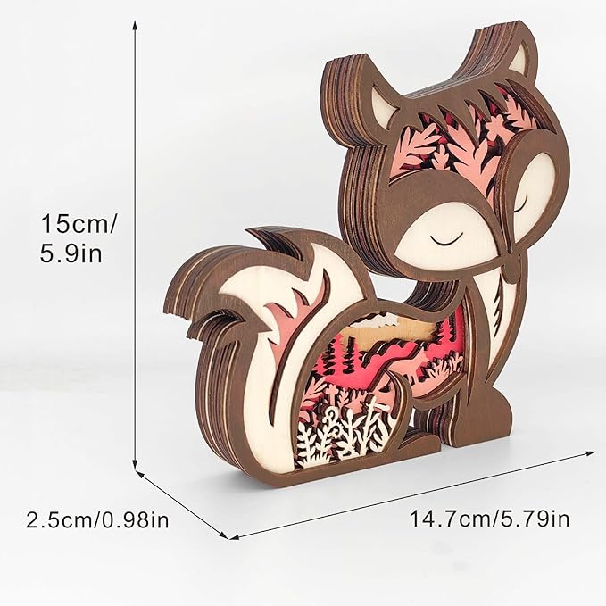 Drawelry 3D Wooden Carving Animals Lamp - Creative Fox Squirrel Wood Carved LED Night Light Garden Yard Wooden Animals Sculpture Ornaments Desktop Home Decor Birthday Gifts for Family Friend (Fox)