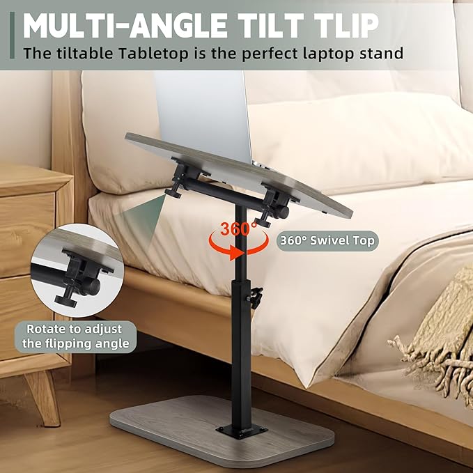 Aoligrace Adjustable Height Side Table, 360° Swivel C Table Flip Top, Small End Tables for Small Spaces Living Room(Grey)