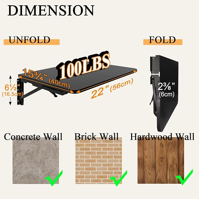 TEAMIX Wall Mounted Folding Table, Black Floating Desk for Small Spaces Laundry Shelf with Heavy Duty Brackets Floating Desk for Garage, Utility Room, Kitchen, Laundry Room