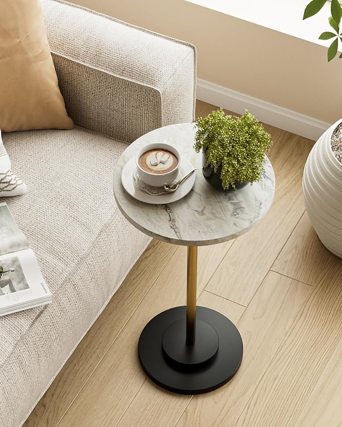 Round Side Table, Small Drink Table for Small Spaces, Modern Accent End Table with Metal Leg for Living Room, Bedroom, Corners, and Office (Marble)