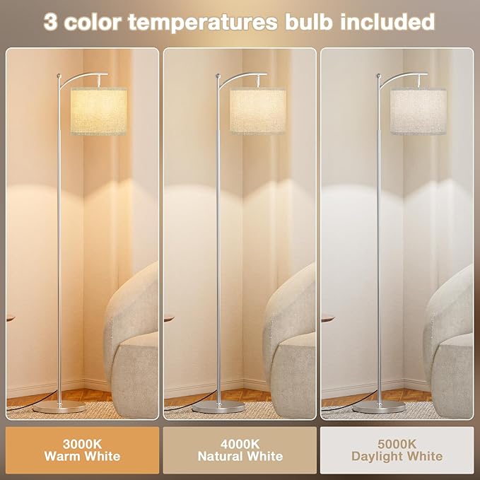 60" Floor Lamps for Living Room with 3 Color Temperatures, Adjustable Grey Shade with Silver Pole, Tall Lamps for Living Room Bedroom Office Classroom Dorm Room, 9W Bulb Included