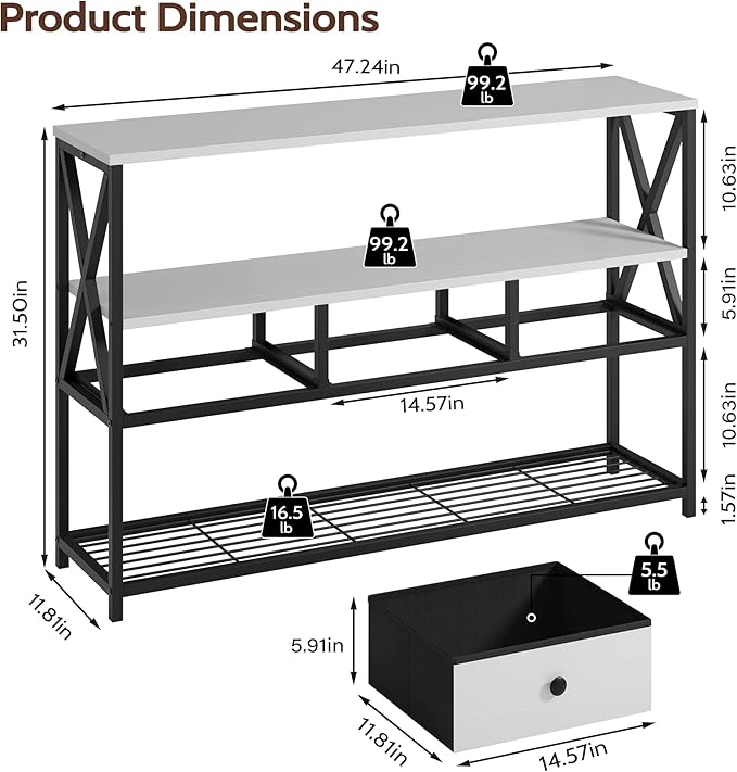 47'' Farmhouse Console Table with 3 Drawers and Open Shelf, Sofa Table Behind Couch with 3-Layer Storage, Rustic Entryway Table for Living Room, Hallway, Foyer, Kitchen, White