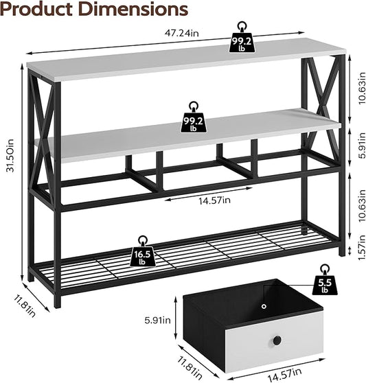 47'' Farmhouse Console Table with 3 Drawers and Open Shelf, Sofa Table Behind Couch with 3-Layer Storage, Rustic Entryway Table for Living Room, Hallway, Foyer, Kitchen, White