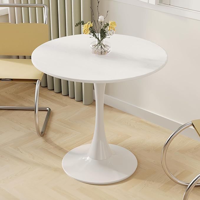 Round Dining Table, Modern Tulip Table, 31.5'' Mid-Century Round Leisure Table with Metal Base for 2-4 Person, Suitable for Living Room, Kitchen, Cafe and Home Office(White Wood Grain, 31.5 in)