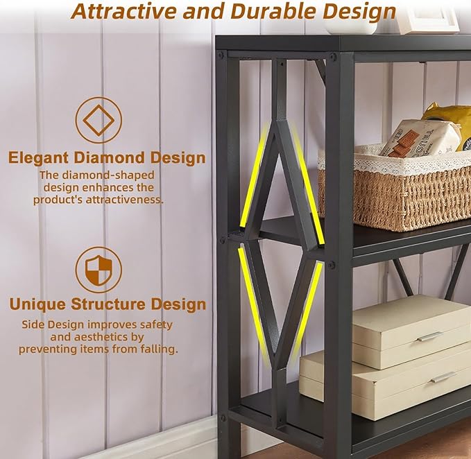 HOMISSUE Sofa Console Table, Rustic Console Table with 3-Tier Storage, Engineered Wood Sofa Tables with Open Shelves, Heavy Duty Entryway Tables for Living Room, Hallway (47 Inch, Black)