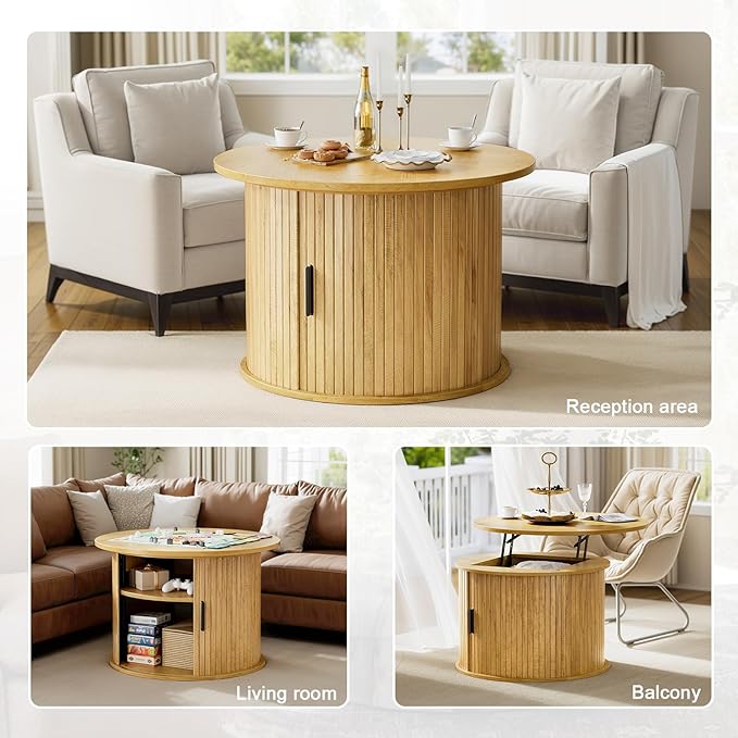 FABATO Round Lift Top Coffee Table, Fluted Wood Accent Coffee Table with Hidden Storage and Open Shelves, Drum Table with Sliding Rolling Door, Small Center Table Dining Table for Living Room, Wood