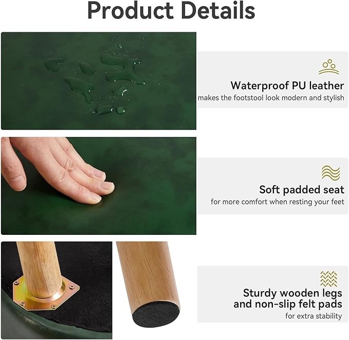 IBUYKE 13 Inch Foot Stool Ottoman with Storage, Round Small Foot Rest with Padded Seat and Wood Legs, PU Faux Leather Mini Footstool for Living Room Couch Bedroom Entryway, Dark-Green WBD023GR