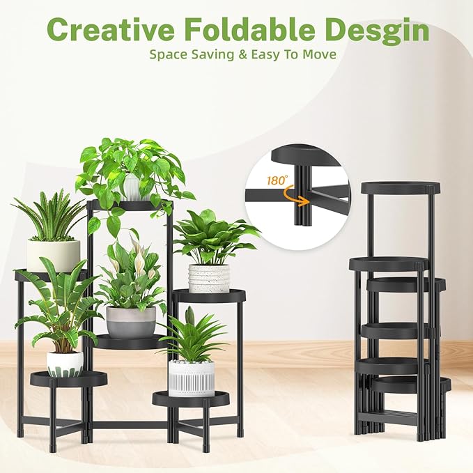 iDavosic.ly 6 Tier Folding Plant Stand Indoor Outdoor with Plastic Tray, Tiered Corner Flower Holder Shelf, Metal Orchid Display Rack for Patio Porch Living Room Garden Balcony, Modern Black