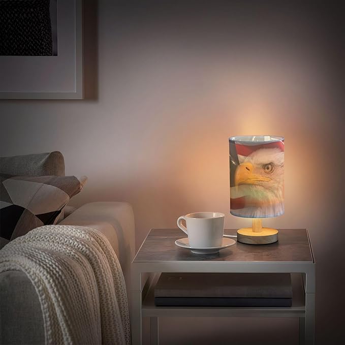 Table Lamp Bald Eagle American Flag Patriotic USA Pattern Nightstand Lamp with Wood Base Fabric Lamp Shade Bedside Desk Lamp for Living Room Bedroom Kids Room Office