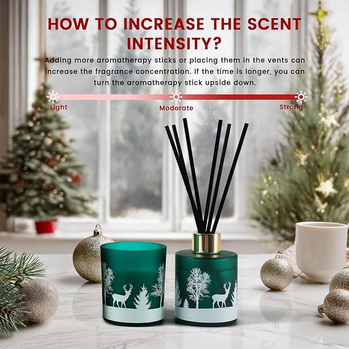 Brakula Christmas Reed Diffuser and Candles Set, 2 Pack/Total 8 oz, Fireside Juniper & Balsam Scented, 6 Diffuser Sticks with Christmas Bottle Design, Home Decor Bedroom Living Room Office