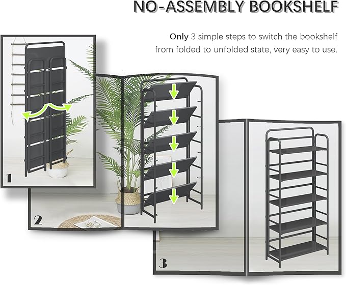 4NM No Assembly Folding Bookshelf, 5 Tiers Collapsible Book Shelves Open Industrial Foldable Storage Bookcase Shelf for Bedroom, Living Room, Home Office - All Black