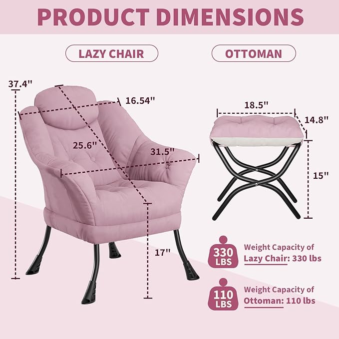 Living Room Chair Modern Accent Chair with Ottoman, Ergonomic Support, Foldable Footrest, Removable Washable Cover, Perfect for Bedroom and Living Room, Pink