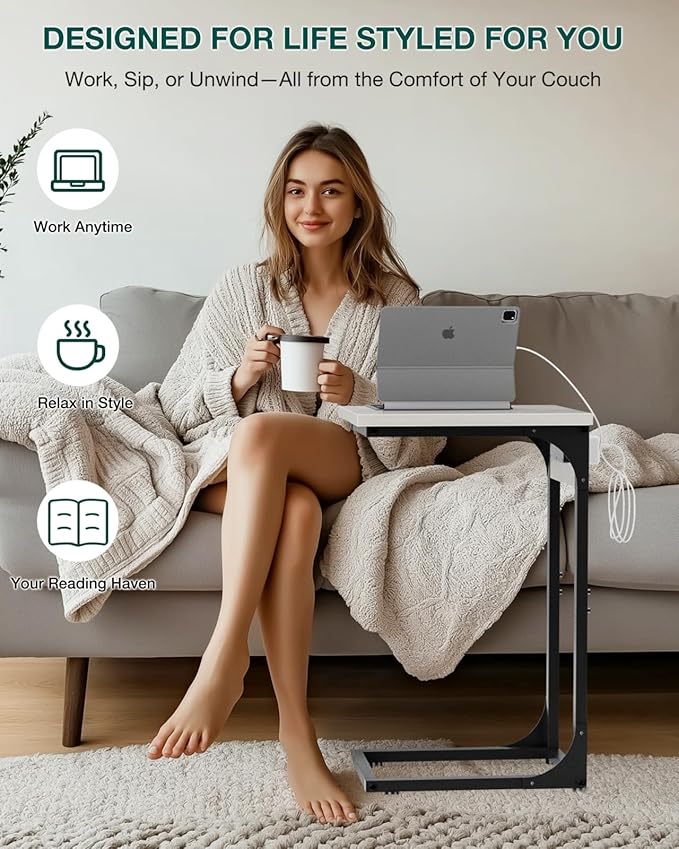 C-Shaped Side Table for Couch - Small Coffee Stand Sofa Tray Desk with Metal Frame Waterproof Scratch Resistant Wood Top and Built-in Charging Station, Greige