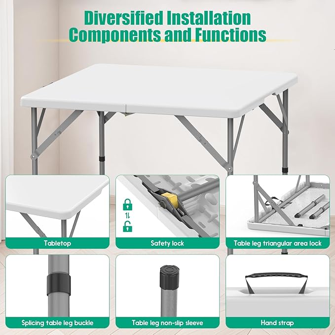 HLPB 34'' Square Folding Card Table 2 Pcs, Fold-in-Half Portable Dining Table with Handle and Safety Lock, Foldable Plastic Dining Table Indoor Outdoor for Camping, Picnic and Party Event, White
