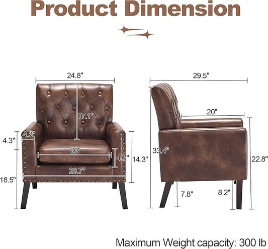 Mid Century Modern Accent Chair, Dark Brown Faux Leather Office Chair for Reception - Brown Leather Club Chair for Living Room, Bedroom, or Waiting Room