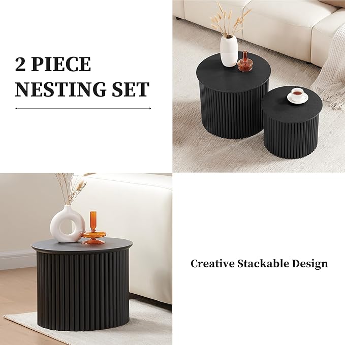Small Fluted Round Nesting Coffee Table Set of 2, Mid Century Modern Coffee Table Circle Side Table, Wood Nesting Table Farmhouse End Tables Set for Living Room, Bedroom, Small Spaces(Black