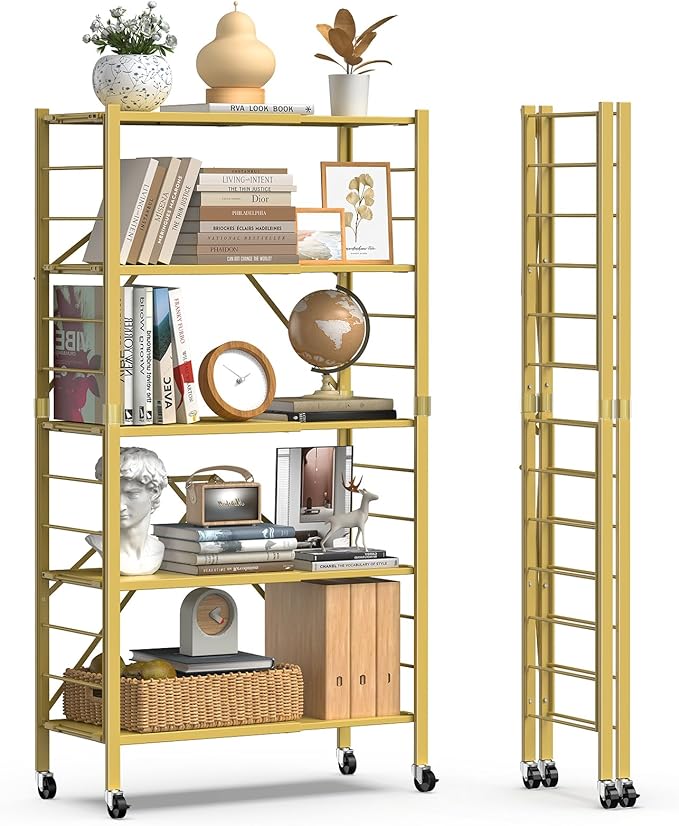 5 Tier Foldable Storage Shelves, Expandable Folding Shelving Units with Wheels, Changeable into 2 Shelf Units, Collapsible Adjustable Storage Rack Metal Shelves for Storage, Pantry, Garage, Gold