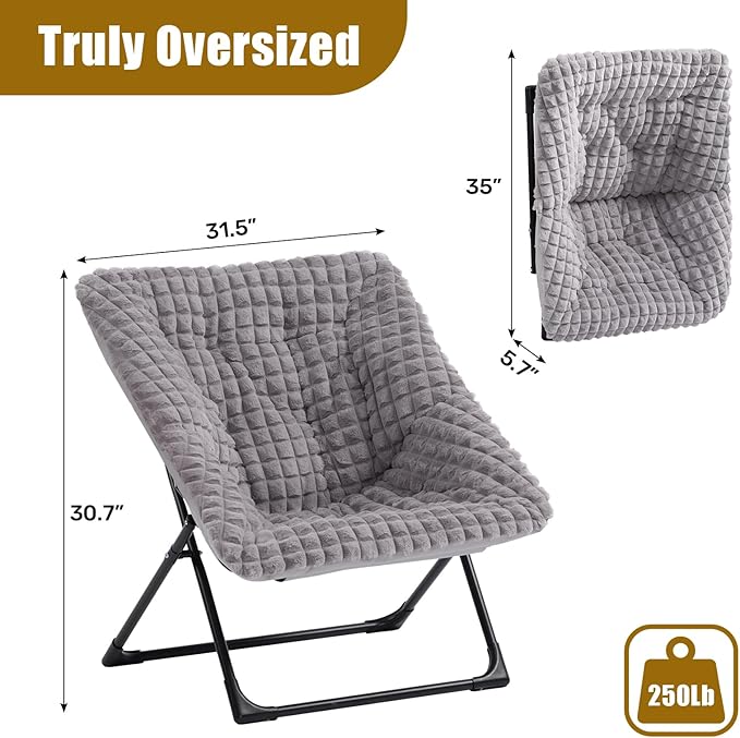 HollyHOME X-Large Saucer Chair, Comfy Oversized Folding Chair, Faux-Fur Reading Chair for Teens, Adults, Foldable Accent Lazy Chair, Metal Lounge Chair for Living Room, Bedroom, Dorm, Grid Blue&Grey