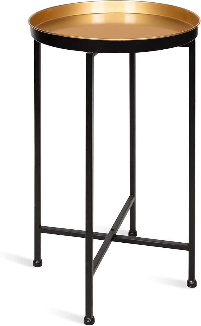 Kate and Laurel Celia Round Foldable Tray Accent Table, 14" x 14" x 25.75", Black and Gold, Modern Minimalist Design and Detachable Magnetic Tabletop