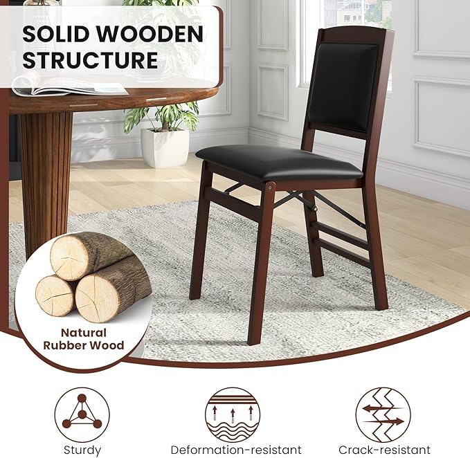 Folding Chairs Set 4, Wooden Foldable No Assembly Chair-Set with Padded Seats, Solid Wood Frame, 400 lbs Weight Capacity, Space Saving Dining Chairs for Small Space, Guests Kitchen (4, Padded Back)