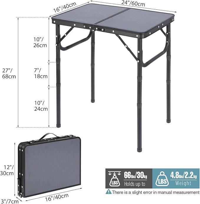 REDCAMP Small Camping Table 2ft, Portable Aluminum Folding Table Adjustable Height Lightweight for Picnic Beach Outdoor Indoor, Gray