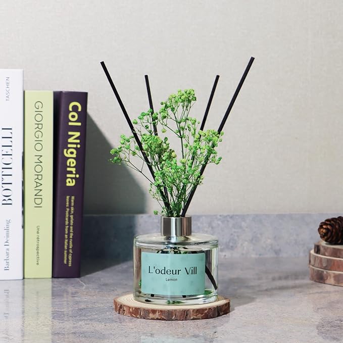 L'OEUR Vill Reed Diffuser Set - 6.7 oz (200ml) Lemon Scented Home Fragrance with 6 Oil Diffuser Sticks for Large Rooms & Bathrooms