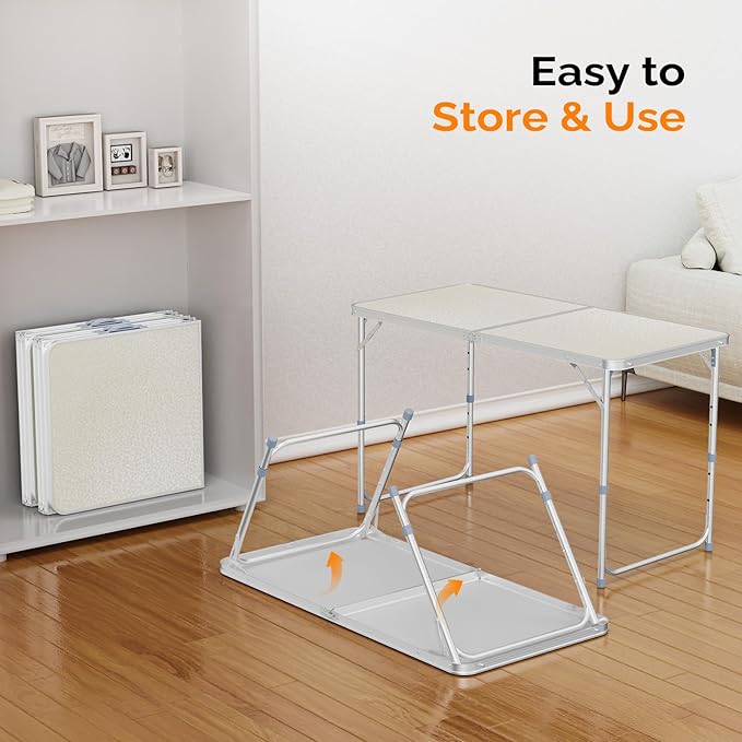 VINGLI 4FT White Folding Table with Carrying Handle Height Adjustable Lightweight Fold Up Portable for Indoor Outdoor Picnic,Camping,Hiking,Fishing,BBQ …