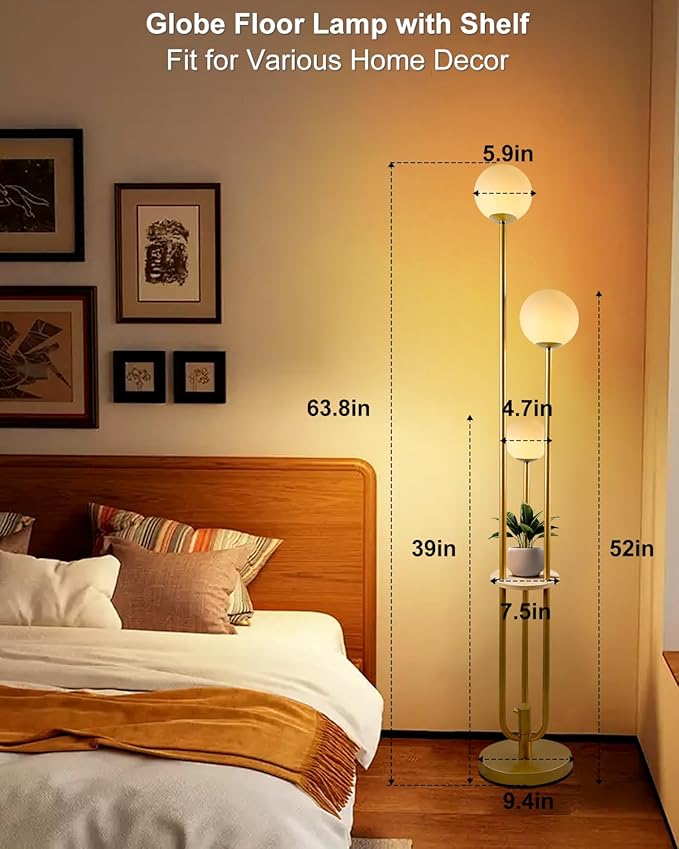 Lightdot Gold Globe Floor Lamp 3-Lights Dimmable Floor Lamps with Tray 3000K Bulbs Included Unique Floor Lamp Candle Holder Style Modern Standing Lamps for Living Room/Bedroom