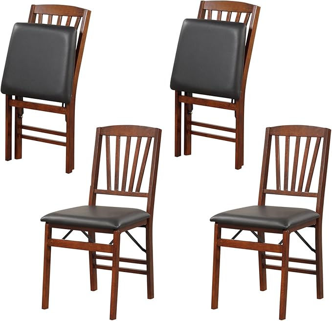 Folding Chairs Set 4, Wooden Foldable No Assembly Chair-Set with Padded Seats, Solid Wood Frame, 400 lbs Weight Capacity, Space Saving Dining Chairs for Small Space, Guests Kitchen (4, Slatted Back)